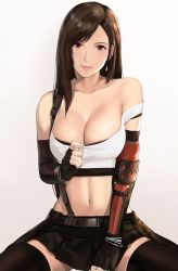 Rule 34 | 1girl, asymmetrical gloves, breasts, cleavage, final fantasy, final fantasy vii, gloves, gradient background, highres, j@ck, large breasts, simple background, skirt, solo, suspender skirt, suspenders, thighhighs, tifa lockhart, uneven gloves
