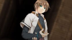 Rule 34 | 1boy, alto travers, atelier-moo, belt, blurry, blurry background, bracelet, brown hair, closed mouth, dungeon, green eyes, hair between eyes, hand on own arm, highres, jacket, jewelry, long sleeves, looking at viewer, short hair, solo, standing, upper body, v-shaped eyebrows, wizards symphony