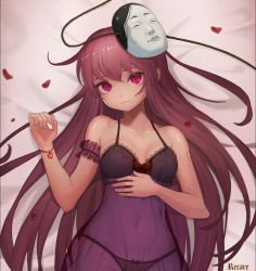 Rule 34 | 1girl, artist name, black bra, black panties, bow, bow bra, bow panties, bra, chemise, closed mouth, hata no kokoro, heart, highres, jewelry, lingerie, long hair, looking at viewer, lying, mask, nightgown, noh mask, on back, panties, petals, pink eyes, pink hair, recare, ring, see-through, smile, solo, sparkle, touhou, underwear, very long hair, wedding band