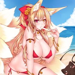 Rule 34 | 1girl, :3, animal ears, arm support, arm up, armband, armlet, bad id, bad twitter id, bare shoulders, beach, bell, bikini, black cat, blonde hair, blue sky, blush, bow, bracelet, breasts, bursting breasts, cat, cleavage, cloud, collar, collarbone, commentary request, covered erect nipples, day, dripping, eating, eyebrows, eyelashes, eyeliner, eyeshadow, fingernails, food, food in mouth, fox ears, fox girl, fox tail, hair between eyes, hair bow, halterneck, heterochromia, highres, horizon, jewelry, jingle bell, kitsune, kyuubi, large breasts, leaning forward, lips, long fingernails, long hair, looking at viewer, makeup, multiple tails, nail polish, o-ring, o-ring bikini, o-ring bottom, o-ring top, ocean, original, outdoors, pink nails, ponytail, popsicle, red bikini, red eyes, red nails, seiza, shiny skin, side-tie bikini bottom, sidelocks, sitting, skindentation, sky, solo, stomach, string bikini, suzuneko (yume no kyoukai), sweat, swimsuit, tail, thigh strap, thighs, twitter username, updo, yellow eyes