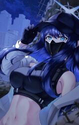 Rule 34 | 1girl, absurdres, bare shoulders, baseball cap, blue archive, blue eyes, blue hair, blue hat, blue shirt, building, coat, commentary request, crop top, hat, highres, long hair, mask, midriff, mouth mask, navel, night, night sky, off shoulder, oparusu, open clothes, open coat, outdoors, saori (blue archive), shirt, sky, sleeveless, sleeveless shirt, solo, stomach, upper body, white coat