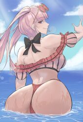 Rule 34 | 1girl, absurdres, alternate costume, ass, bare shoulders, bikini, blue sky, blunt bangs, breasts, calmgreentori, closed mouth, eyewear on head, female focus, fire emblem, fire emblem: three houses, fire emblem heroes, halterneck, hand up, highres, hilda valentine goneril, hilda valentine goneril (summer), huge ass, large breasts, looking at viewer, looking back, matching hair/eyes, nintendo, ocean, off-shoulder bikini, off shoulder, official alternate costume, outdoors, partially submerged, pink bikini, pink eyes, pink hair, sky, smile, solo, striped bikini, striped clothes, sunglasses, swimsuit, thong, thong bikini, twintails, vertical-striped bikini, vertical-striped clothes