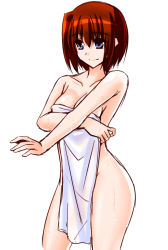 Rule 34 | 1girl, bare arms, blue eyes, breasts, brown hair, cleavage, closed mouth, collarbone, covering privates, cowboy shot, engo (aquawatery), hair between eyes, lyrical nanoha, mahou shoujo lyrical nanoha strikers, medium breasts, medium hair, naked towel, nude cover, side ponytail, simple background, sketch, smile, solo, standing, towel, white background, yagami hayate