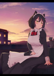Rule 34 | 1girl, absurdres, animal, animal ears, animal on lap, apron, arapi, black dress, black hair, blush, bob cut, bow, bowtie, breasts, cat, cat ears, cat on lap, cloud, collared shirt, commentary, dress, frilled apron, frills, frown, highres, house, large breasts, letterboxed, looking away, maid, on lap, original, outdoors, red bow, red bowtie, shirt, sitting, sky, solo, sunset, yellow eyes