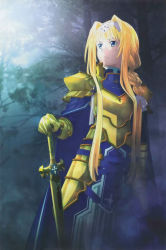 Rule 34 | 1girl, absurdres, alice zuberg, armor, armored dress, artist request, blue cape, body armor, braid, braided ponytail, cape, floating hair, glowing, glowing sword, glowing weapon, gold armor, hairband, highres, holding, holding sword, holding weapon, knight, osmanthus blade, pauldrons, shoulder armor, solo, sword, sword art online, sword art online: alicization, weapon, white hairband