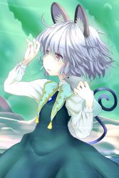 Rule 34 | 1girl, adapted costume, alternate costume, animal, animal ears, animal on shoulder, capelet, dress, gradient background, grey hair, highres, ishikkoro, jewelry, long sleeves, looking away, mouse (animal), mouse ears, mouse tail, nazrin, necklace, open mouth, red eyes, short hair, solo, tail, touhou