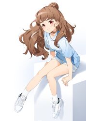 Rule 34 | 1girl, absurdres, arm support, blue shirt, blue shorts, blunt bangs, blush, brown hair, closed mouth, collarbone, hair bun, highres, idolmaster, idolmaster cinderella girls, idolmaster cinderella girls starlight stage, kamiya nao, leaning forward, long hair, looking at viewer, nyum, red eyes, shirt, shoes, short sleeves, shorts, simple background, single hair bun, sitting, sitting on object, smile, sneakers, socks, solo, thick eyebrows, white background, white socks