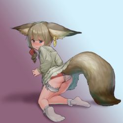 Rule 34 | 1girl, animal ears, artist request, ass, blade &amp; soul, blue eyes, blush, brown hair, clothes lift, earrings, fox ears, fox tail, from behind, garter straps, grey shirt, grey skirt, highres, jewelry, kneeling, kneepits, knees together feet apart, legs, lifted by tail, long hair, looking back, low twintails, lyn (blade &amp; soul), panties, ribbon, shirt, single earring, skirt, skirt lift, socks, solo, star-shaped pupils, star (symbol), symbol-shaped pupils, tail, twintails, underwear, white footwear, white panties, yangnyeom gejang