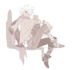 Rule 34 | 1boy, bad id, bad twitter id, bandages, cape, gloves, hair over one eye, highres, looking at viewer, male focus, octopath traveler, octopath traveler i, scarf, short hair, solo, tecchen, therion (octopath traveler), white background, white hair