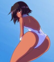 Rule 34 | 1girl, alternate costume, artist request, ass, ass focus, bare legs, breasts, dark-skinned female, dark skin, huge ass, legs together, looking at viewer, looking back, mizuki yukikaze, mizuki yukikaze (future), official alternate costume, one-piece swimsuit, simple background, small breasts, swimsuit, taimanin (series), taimanin rpgx, taimanin yukikaze, white one-piece swimsuit, wide hips