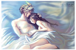 Rule 34 | 1990s (style), bed sheet, breasts, cloud strife, couple, final fantasy, final fantasy vii, nude, sideboob, sleeping, tifa lockhart, wrapped in sheets