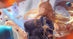 Rule 34 | 1girl, animal ear fluff, animal ears, arknights, blonde hair, blood, blood splatter, blurry, blurry background, breasts, fox ears, fox tail, franka (arknights), id card, id tag, large breasts, long hair, looking at viewer, parted lips, puffy short sleeves, puffy sleeves, saber 01, short sleeves, solo, tail, upper body, yellow eyes