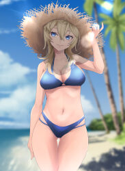 Rule 34 | 1girl, bare arms, bare legs, bare shoulders, beach, bikini, blonde hair, blue bikini, blue eyes, blurry, blurry background, breasts, brown hat, collarbone, cowboy shot, day, hair between eyes, hat, highres, kantai collection, large breasts, long hair, neko no hige, ocean, open mouth, outdoors, palm tree, smile, solo, straw hat, swimsuit, thigh gap, tree, tuscaloosa (kancolle)