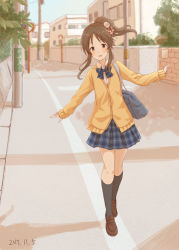 Rule 34 | 1girl, bad id, bad pixiv id, balancing, black socks, blazer, blouse, blue bow, blue skirt, blue sky, blush, bow, brick wall, brown eyes, brown footwear, brown hair, building, bush, buttons, collared shirt, dated, day, dot nose, flower, hair flower, hair ornament, idolmaster, idolmaster cinderella girls, jacket, kneehighs, light smile, loafers, looking down, medium hair, mugi (banban53), open mouth, outdoors, outstretched arms, pavement, plaid, plaid bow, plaid skirt, plant, pleated skirt, ponytail, road, rose, school uniform, shirt, shoes, sidelocks, skirt, sky, sleeves past wrists, socks, solo, street, takamori aiko, utility pole, walking, white flower, white rose, white shirt, window, wire