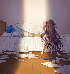 Rule 34 | 1boy, 1girl, aged down, aged up, barefoot, bed, black hair, blue hair, book, crumpled paper, double bun, facing away, fate/grand order, fate (series), flying sweatdrops, from behind, hair bun, hans christian andersen (adult) (fate), hans christian andersen (fate), long hair, lying, on side, papers, pillow, sessyoin kiara, sessyoin kiara (lily), sessyoin kiara (swimsuit mooncancer), shirt, siya ho, standing, striped clothes, striped shirt, two side up, vertical-striped clothes, vertical-striped shirt, very long hair, waking up, wooden floor, zzz
