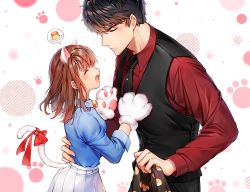 Rule 34 | 1boy, 1girl, :o, animal ears, animal hands, bad id, bad pixiv id, bell, black hair, black neckwear, black vest, blue shirt, blush, brown hair, cat ears, cat tail, closed eyes, gloves, hair ornament, hand on another&#039;s waist, hetero, iji (u mayday), jingle bell, li zeyan, long hair, long sleeves, love and producer, necktie, pants, paw gloves, protagonist (love and producer), red shirt, shirt, simple background, skirt, spoken food, standing, tail, vest, white skirt