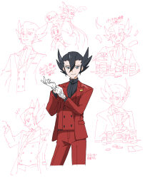 Rule 34 | 2boys, 99akt1031, adjusting clothes, adjusting gloves, alternate costume, black hair, black shirt, buttons, closed mouth, commentary request, creatures (company), game freak, gloves, grimsley (pokemon), hair between eyes, hau (pokemon), highres, jacket, long sleeves, male focus, multiple boys, nintendo, pants, partially colored, pointy hair, pokemon, pokemon bw, pokemon sm, red jacket, red pants, red vest, shirt, smile, vest, white gloves