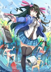Rule 34 | 4girls, barefoot, black hair, black legwear, blue hair, blush, breasts, candy, cleavage, closed mouth, food, gun, holding, holding gun, holding weapon, jpeg artifacts, large breasts, lollipop, long hair, looking at another, looking at viewer, multiple girls, navel, original, pink eyes, qihai lunpo, red hair, short hair, smile, thighhighs, weapon
