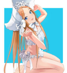 Rule 34 | 1girl, abigail williams (fate), abigail williams (swimsuit foreigner) (fate), abigail williams (swimsuit foreigner) (third ascension) (fate), bare shoulders, barefoot, bikini, blonde hair, blue background, blue eyes, blush, bonnet, border, bow, breasts, fate/grand order, fate (series), forehead, hands up, legs, long hair, looking at viewer, multiple bows, na (piyopiyokamera), open mouth, parted bangs, seiza, sidelocks, sitting, small breasts, smile, swimsuit, white bikini, white border, white bow, white headwear