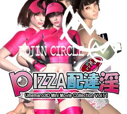 Rule 34 | 2girls, 3d, belt, black hair, breasts, brown eyes, cleavage, covered erect nipples, hanami ichijo, highres, huge breasts, lips, looking at viewer, midriff, multiple girls, navel, pizza takeout obscenity, rika yagyu, shorts, skirt, thighhighs, twintails, umemaro