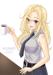 Rule 34 | 1girl, absurdres, artist name, black necktie, black skirt, blonde hair, breasts, character name, commentary request, cup, dated, dress shirt, grey eyes, highres, hornet (kancolle), kantai collection, large breasts, long hair, mug, necktie, one-hour drawing challenge, shirt, skirt, skypixter, sleeveless, sleeveless shirt, solo, upper body, white background, white shirt