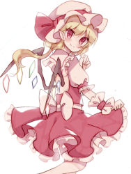 Rule 34 | 1girl, back bow, blonde hair, blush, bow, crystal, flandre scarlet, frilled shirt collar, frilled skirt, frilled sleeves, frills, hat, hat ribbon, head tilt, looking at viewer, looking back, mob cap, one side up, puffy short sleeves, puffy sleeves, red bow, red eyes, red ribbon, red skirt, red vest, ribbon, shirt, short hair, short sleeves, skirt, smile, solo, sorani (kaeru0768), touhou, vest, white background, white bow, white shirt, wings, wrist cuffs