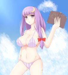 Rule 34 | 1girl, bad id, bad pixiv id, bikini, blush, book, breasts, chestnut mouth, collarbone, crescent, crescent hair ornament, hair ornament, highres, large breasts, long hair, looking at viewer, navel, patchouli knowledge, purple eyes, purple hair, solo, surota, swimsuit, touhou, very long hair