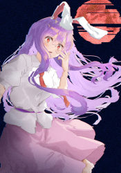 Rule 34 | 1girl, animal ears, black background, blouse, blue background, blush, collared shirt, commentary request, constricted pupils, cowboy shot, crazy eyes, floating hair, glitch, glowing, glowing eyes, hair between eyes, hand on own face, hand up, highres, light purple hair, long hair, looking at viewer, medium skirt, moon, necktie, open mouth, pink skirt, puffy short sleeves, puffy sleeves, purple sash, rabbit ears, red eyes, red moon, red necktie, reisen udongein inaba, sash, sefushi, shirt, short sleeves, sidelocks, skirt, solo, touhou, very long hair, white shirt