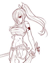 Rule 34 | 1girl, arm tattoo, bare arms, blushyspicy, breasts, bruise, cleavage, collarbone, cowboy shot, erza scarlet, fairy tail, from side, greyscale, groin, hair ribbon, highres, holding, holding sword, holding weapon, injury, large breasts, long hair, monochrome, navel, pants, ponytail, ribbon, sarashi, stomach, sword, tattoo, torn clothes, torn pants, weapon