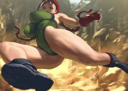 Rule 34 | 1girl, :o, antenna hair, beret, black footwear, blonde hair, blue eyes, boots, braid, breasts, cameltoe, cammy white, capcom, combat boots, fingerless gloves, gloves, green leotard, harness, hat, heattech leotard, highleg, highleg leotard, highres, infi, large breasts, leotard, long hair, looking at viewer, muscular, muscular female, open mouth, red gloves, red headwear, scar, scar on face, sleeveless, street fighter, street fighter v, thighs, turtleneck, twin braids, twintails