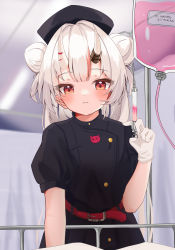 Rule 34 | 1girl, :3, absurdres, belt, blush, buttons, commentary request, double-breasted, double bun, gloves, hair bun, hat, highres, holding, holding syringe, hololive, horns, indoors, intravenous drip, long hair, looking at viewer, maikro, nakiri ayame, nurse, nurse cap, official alternate costume, red eyes, skin-covered horns, solo, syringe, upper body, virtual youtuber, white gloves, white hair
