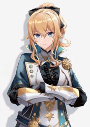 Rule 34 | 1girl, arm guards, black shirt, blonde hair, blue capelet, blue coat, blue eyes, blush, bow, capelet, center frills, coat, collared shirt, cross, cross earrings, crossed arms, earrings, frills, genshin impact, hair between eyes, hair bow, highres, jean (genshin impact), jean (gunnhildr&#039;s legacy) (genshin impact), jewelry, looking at viewer, mon-chan, shadow, shirt, sidelocks, smile, solo, upper body, vest, white background, white vest