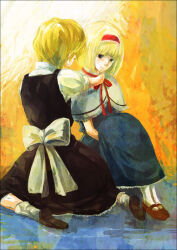 Rule 34 | 2girls, alice margatroid, back bow, black skirt, black vest, blonde hair, blue dress, bow, brown footwear, capelet, closed mouth, dress, frilled capelet, frilled dress, frilled hairband, frilled skirt, frills, full body, hairband, kirisame marisa, long dress, looking at another, mary janes, medium hair, multiple girls, neck ribbon, no headwear, pout, puffy short sleeves, puffy sleeves, red footwear, red hairband, red ribbon, ribbon, shirt, shizuki (megane2339), shoe soles, shoes, short sleeves, simple background, skirt, socks, touhou, vest, white bow, white capelet, white shirt, white socks, yellow background, yuri