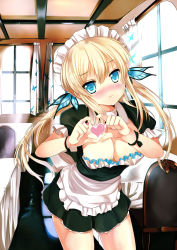 Rule 34 | 10s, 1girl, alternate costume, alternate hairstyle, apron, aqua eyes, blonde hair, blush, boku wa tomodachi ga sukunai, breasts, butterfly hair ornament, ceiling, chair, cleavage, curtains, dress, enmaided, floor, frilled apron, frilled skirt, frilled sleeves, frills, green dress, hair ornament, heart, heart hands, highres, kashiwazaki sena, long hair, looking at viewer, maid, maid apron, maid cafe, maid headdress, puffy sleeves, short dress, short sleeves, skirt, solo, table, twintails, waist apron, window, wrist straps, xephonia