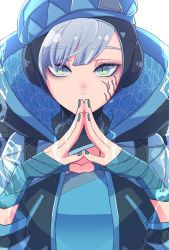 Rule 34 | 1girl, animification, apex legends, bandaged hand, bandages, beret, black eyeshadow, black jacket, blue eyes, blue gloves, blue hat, blue shirt, bungaw, commentary, eyeshadow, gloves, grey hair, hat, haute drop wattson, highres, hood, hooded jacket, jacket, looking at viewer, makeup, official alternate costume, own hands together, shirt, solo, straight-on, symbol-only commentary, wattson (apex legends)