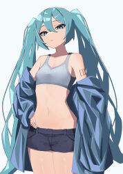 Rule 34 | 1girl, absurdres, bare shoulders, blue eyes, blue hair, breasts, closed mouth, hand on own hip, hatsune miku, head tilt, highres, jacket, long hair, looking at viewer, myakuro, navel, off shoulder, shorts, small breasts, solo, sports bra, standing, twintails, twitter username, very long hair, vocaloid