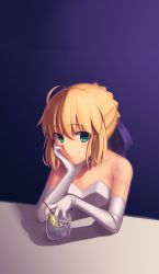 Rule 34 | 1girl, absurdres, ahoge, artoria pendragon (all), artoria pendragon (fate), blonde hair, blue background, blue ribbon, boa (brianoa), cocktail, dress, elbow gloves, fate/stay night, fate (series), glass, gloves, gradient background, green eyes, hair ribbon, hand on own face, highres, looking at viewer, ribbon, saber (fate), solo, strapless, strapless dress, upper body, wedding dress, white gloves
