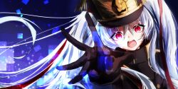 Rule 34 | 1girl, absurdres, altair (re:creators), black gloves, blue eyes, coat, commentary request, crossed bangs, eyelashes, furrowed brow, glitch, gloves, hair between eyes, hair ribbon, hat, highres, light particles, long hair, looking at viewer, military uniform, open mouth, re:creators, reaching, reaching towards viewer, red eyes, red ribbon, ribbon, shako cap, solo, taigaai4649, teeth, tongue, twintails, two-tone eyes, uniform, upper body, upper teeth only, white hair