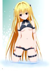 Rule 34 | 1girl, absurdres, adapted costume, arm strap, armlet, bare shoulders, bikini, black bikini, blonde hair, breasts, buckle, covered erect nipples, hair ornament, highres, huge filesize, konjiki no yami, long hair, looking at viewer, looking away, navel, official art, red eyes, scan, small breasts, solo, standing, swimsuit, thigh strap, to love-ru, underboob, very long hair, wading, water