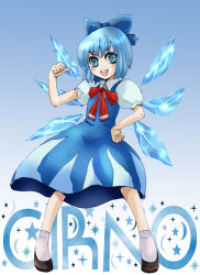 Rule 34 | 1girl, blue eyes, blue hair, character name, cirno, dtcy, embodiment of scarlet devil, female focus, full body, gradient background, hand on own hip, ice, matching hair/eyes, short hair, socks, solo, touhou, wings