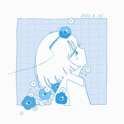 Rule 34 | 1girl, blue theme, blunt bangs, blunt ends, border, closed mouth, collared shirt, crying, crying with eyes open, dated, flower, from side, grid background, highres, looking up, monochrome, original, outside border, shirt, short hair, solo, sskitaco, tears, upper body, white border