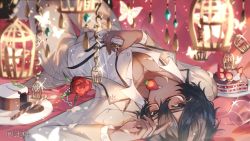 Rule 34 | 1boy, arjuna (fate), bespectacled, bishounen, black eyes, black hair, blush, bug, butterfly, cake, chocolate, collared shirt, dark-skinned male, dark skin, dessert, fate/grand order, fate (series), flower, fondant au chocolat (fate), food, glasses, highres, insect, long sleeves, looking at viewer, male focus, shirt, short hair, solo, sqloveraven, vest, white shirt