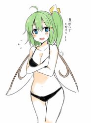 Rule 34 | 1girl, :d, ahoge, black bra, black panties, blush, bow, bra, breasts, cleavage, covering privates, covering breasts, daiyousei, fujishiro emyu, green hair, hair ornament, hairclip, lingerie, md5 mismatch, open mouth, panties, resized, side ponytail, simple background, smile, solo, thigh gap, touhou, underwear, underwear only, wings