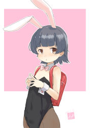 Rule 34 | 1girl, absurdres, animal ears, arare (kancolle), backpack, bag, black hair, black leotard, bow, bowtie, brown eyes, brown pantyhose, detached collar, fake animal ears, flat chest, fyuo, highres, kantai collection, leotard, looking at viewer, one-hour drawing challenge, pantyhose, playboy bunny, rabbit ears, randoseru, short hair, solo, steepled fingers, strapless, strapless leotard, wrist cuffs