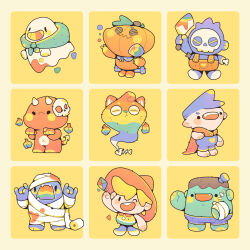 Rule 34 | 1boy, 1girl, \m/, absurdres, arm up, armpit hair, bandaged hand, bandages, barefoot, black eyes, black hair, blonde hair, blue cape, blue footwear, blue hair, blue pants, blush stickers, bone, bubble, buttons, candy, cape, cat, chibi, chin, chinese commentary, closed eyes, closed mouth, collar, collared shirt, commentary request, crystal, demon, demon tail, double \m/, fang, fangs, fish bone, food, frown, ghost, green pants, green scarf, halloween, hat, heart, heart print, highres, hitodama, holding, holding candy, holding cleaver, holding food, holding lollipop, horns, lagou, leaf, lollipop, mask, mask on head, monster, mummy, object through head, one eye closed, open mouth, original, outstretched arm, outstretched arms, overalls, pants, paw pose, pumpkin, rainbow, red collar, red headwear, red overalls, scarf, screw in head, shirt, shoes, short hair, skull mask, sleeveless, sleeveless shirt, small horns, smile, solid circle eyes, solid oval eyes, stitched face, stitches, tail, teeth, toilet paper, upper teeth only, v-shaped eyes, wavy mouth, white horns, witch hat, yellow background, yellow shirt, yellow trim