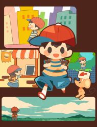 Rule 34 | 1boy, back, backpack, bag, baseball cap, black hair, city, hat, hitofutarai, holding, male focus, mother (game), mother 2, multiple persona, ness (mother 2), nintendo, open mouth, shirt, short hair, shorts, smile, solo, striped clothes, striped shirt, tree