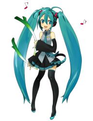 Rule 34 | 1girl, aqua eyes, aqua hair, detached sleeves, female focus, full body, hatsune miku, headphones, headset, long hair, mochi (piapro), musical note, necktie, simple background, smile, solo, spring onion, thighhighs, twintails, very long hair, vocaloid, white background, zettai ryouiki