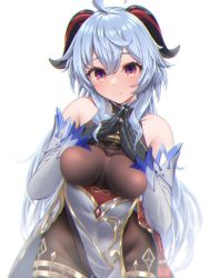 Rule 34 | absurdres, ahoge, bare shoulders, bell, black gloves, black legwear, blue hair, blush, bodystocking, bodysuit, breast suppress, breasts, chinese knot, detached sleeves, flower knot, ganyu (genshin impact), genshin impact, gloves, gold trim, hands on own chest, highres, horns, leotard, leotard under clothes, long hair, looking at viewer, medium breasts, multicolored eyes, own hands together, sidelocks, smile, solo, standing, tassel, thighlet, white background, white sleeves, yumeto (ym-1)