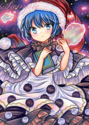 Rule 34 | 1girl, :3, black capelet, black dress, blue eyes, blue hair, blush, book, capelet, closed mouth, cowboy shot, doremy sweet, dream soul, dress, embellished costume, frilled capelet, frills, fur-trimmed headwear, fur trim, hat, holding, holding book, layered dress, looking at viewer, marker (medium), nightcap, pom pom (clothes), red hat, rui (sugar3), sample watermark, short hair, smile, solo, standing, touhou, traditional media, two-tone dress, watermark, white dress