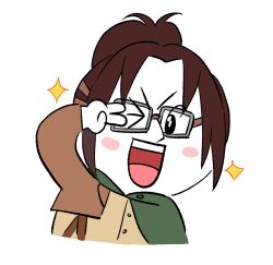 Rule 34 | &gt; o, 1girl, :d, blush stickers, brown hair, cropped torso, emoji, goggles, hand up, hange zoe, happy, high ponytail, line (naver), looking at viewer, moon&#039;s job hunting story (line), one eye closed, open mouth, paradis military uniform, parody, shingeki no kyojin, smile, solo, sparkle, style parody, syabbal-i